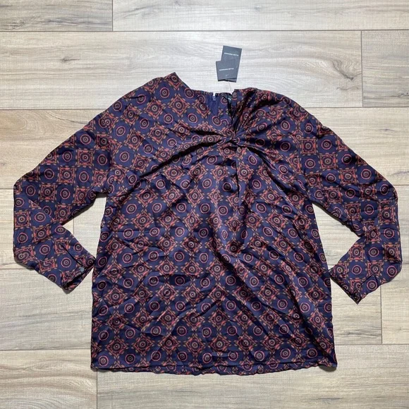 Club Monaco Women's Twist Front Printed Blouse Geometric Pattern Size S Blue - Picture 1 of 10